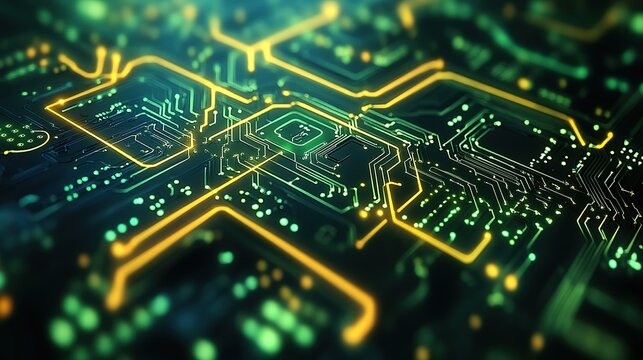Close - up of Illuminated Circuit Board with Neon - like Traces and Electronic Components