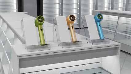 Close-up of acrylic tabletop display stands with colorful hair dryers in the store interior with blank shelves. 3d illustration © Wire_man