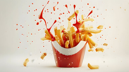 Dynamic deconstructed french fries explosion with ketchup burst for culinary design