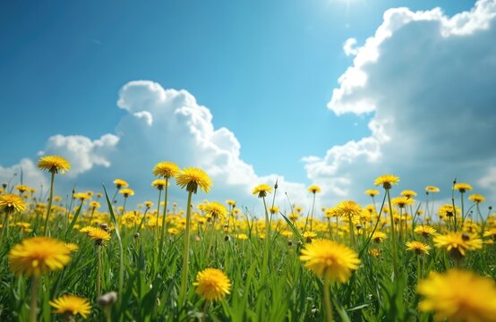 Field of yellow dandelions under a bright blue sky with fluffy white clouds. Green grass grows tall around the blooming flowers. Sun shines brightly on summer meadow. - Powered by Adobe