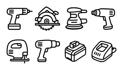 Set of black power tool icons on dark background