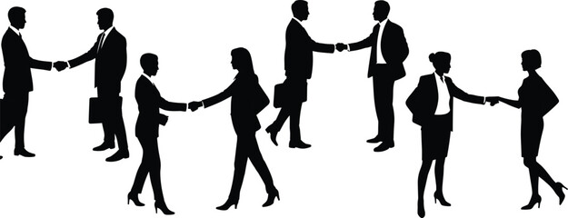 Silhouette business professionals shaking hands and greeting, corporate teamwork partnership and communication figures for branding, presentations, and design use