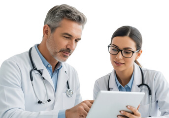 Fototapeta premium Two doctors collaborating on a tablet isolated on transparent background