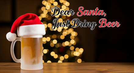 Icy beer mug with red Santa hat on wood table, illuminated tree. Concept: holiday wish, humor, Christmas celebration, festive season, free space