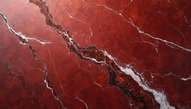 Red marble texture with white veining, dark accents. Natural stone pattern for luxury background, design. Elegant surface with intricate details. Rich red color with contrasting white lines. Ideal