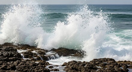 Dynamic ocean waves crash with tremendous force against rugged, dark coastal rocks, creating a spectacular display of white spray and foam under an open sky, showcasing nature's raw power