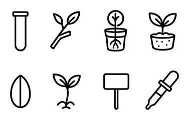 Seedling and gardening tools icons on black background
