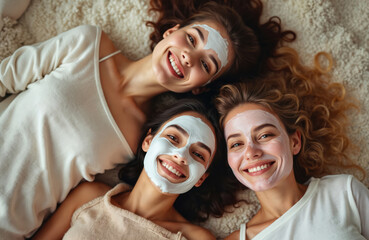 Obraz premium Three young happy women relax at home, lying on fluffy beige rug. Girlfriends apply white cosmetic facial masks, smile widely, enjoy spa beauty day. Share happy moments, bonding, self-care, healthy