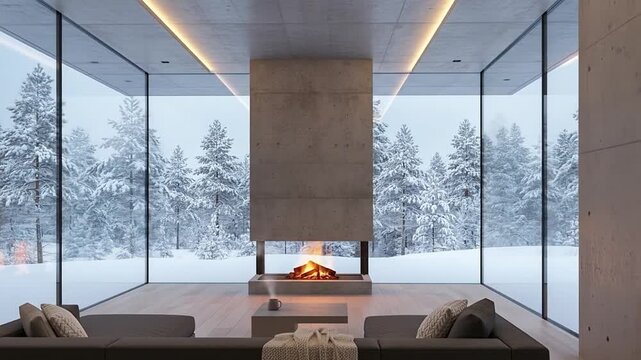 Modern Minimalist Luxury Living Room Interior Panoramic Window Concrete Fireplace Snowy Winter Forest View Architectural Design Cozy Home