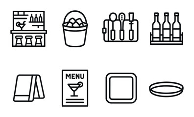 Minimalist bar icons set with drinks, menu, and glassware in gray tones