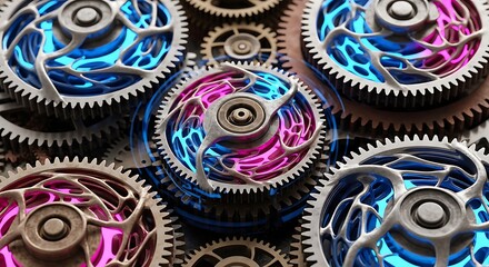 Intricate Interlocking Mechanical Gears with Glowing Neon Blue and Pink Hues