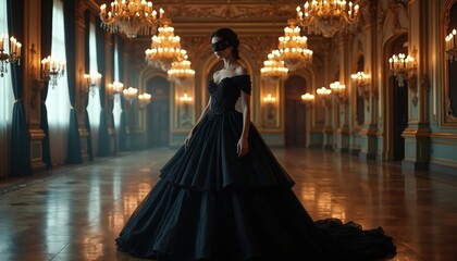 Woman in black mask and elegant ball gown stands in opulent ballroom with chandeliers. She appears mysterious, posing for photo shoot at formal event.