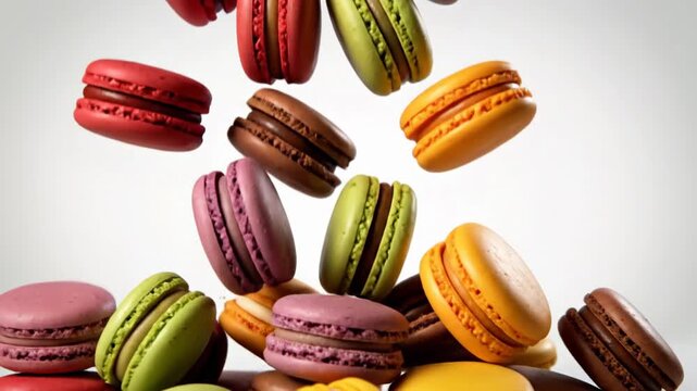 A vibrant cascade of colorful macaron cookies, various flavors, floating on a white backdrop