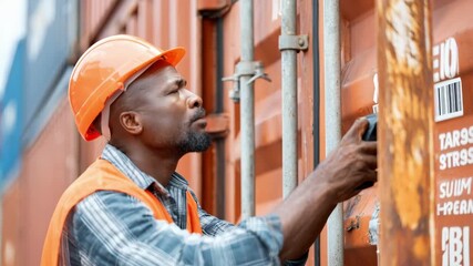 Medium shot of a logistics technician logging container data into a digital system using an RFID scanner in a warehouse setting. - Powered by Adobe