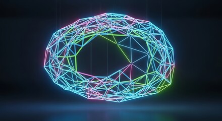 Abstract geometric sphere with neon glowing lines and reflections on a dark background