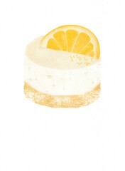 Watercolor digital illustration of a vanilla pie topped with a half lemon slice, set on a soft watercolor background for design and commercial use.
