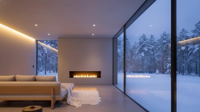 Minimalist Luxury Living Room Interior Design Panoramic Window Snowy Winter Forest View Modern Fireplace