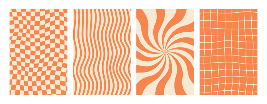 Psychedelic y2k aesthetic textures background set. Orange high contrast swirl, twisted distorted checkerboard, wavy optical illusion patterns. Retro trippy 60s 70s Y2K design pack.