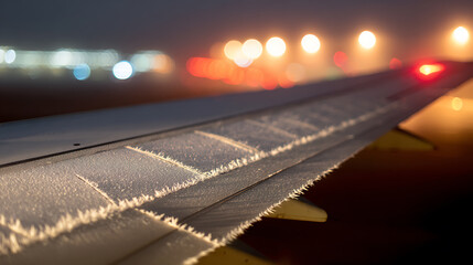 An airplane wing glistens with frost at night, capturing the juxtaposition of travel and weather. Bokeh lights twinkle, adding to the serene yet adventurous scene.
