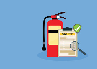 Fire fighting checklist. Extinguisher and paper tablet with checkmarks. Document at clipboard. Firefighting safety. Flame prevention checklist page. Extinguishing guidance
