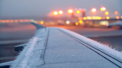 Airplane wing covered in ice crystals on a cold winter night. Airport lights are blurred in the background, suggesting a busy hub. The frost creates a delicate pattern.