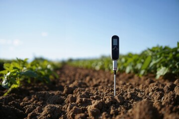 Digital soil sensor probe measuring earth conditions in agricultural crop field.