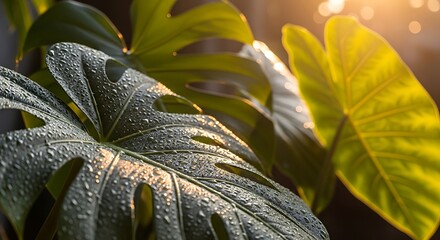 Lush green tropical plant leaves shimmering with fresh water droplets, bathed in the soft glow of morning sunlight, capturing the essence of vibrant nature and refreshing tranquility