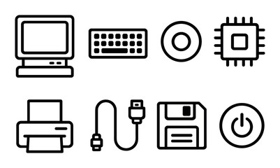 Retro technology icons: computer, keyboard, cd, chip, printer, cable, floppy disk, power button