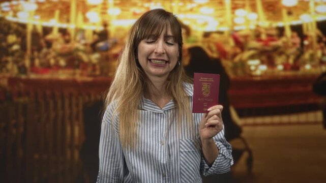 Woman holding passport in right hand, hand to forehead, eyes closed, striped shirt at street fair at night under carousel lights; travel relief.