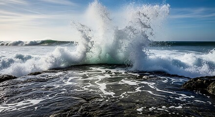 Dynamic ocean wave crashing against rocky shore under a bright sky