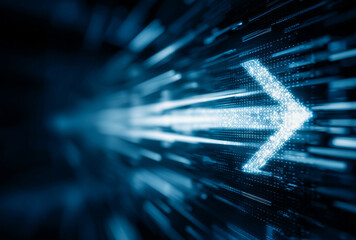 Abstract blue futuristic background with a glowing, stylized arrow accelerating forward, conveying speed, technology, and progress.