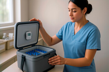 Medical nurse checking portable temperature controlled cooler with vaccine vials.
