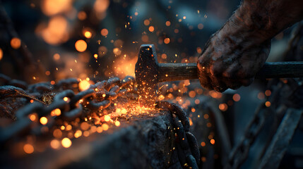 Forging fire: blacksmith at work with molten iron and hammer in action