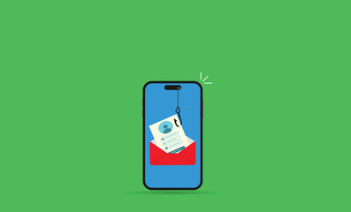  Phishing attack.Hooked login form pulled from an open envelope by a fishhook, symbolizing hacker credential theft and deceptive phishing email.
