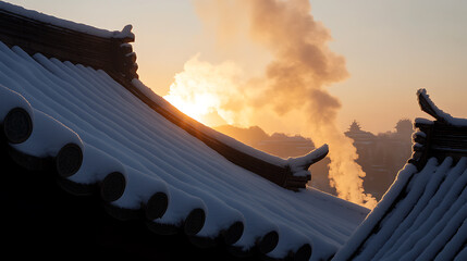 Snow-covered rooftops meet a radiant sunrise, soft smoke ascends into the sky, creating a serene landscape with a hint of warmth against the winter's embrace.