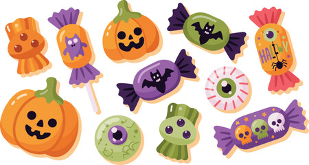 Obraz premium Collection of various colorful Halloween candies including pumpkins, wrapped sweets, and eyeball designs