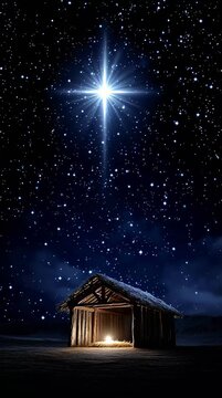 An image of Jesus in a manger in a hut, the Star of Bethlehem against a starry night sky. Christmas vertical background, slow motion. Merry Christmas!