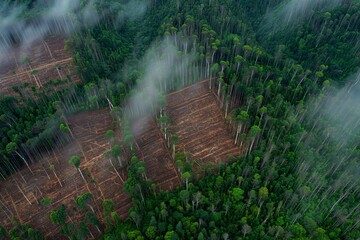 Deforestation in a forest area showing cut trees and remaining vegetation in a mountain region