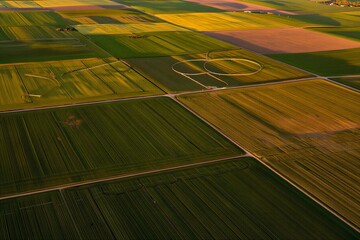 Fields stretch across the landscape with lines of green during evening light above a rural area in the countryside