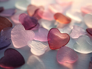 abstract background in the form of a photo with the image of multicolored glass hearts, pastel colors, can be used in as a banner or poster
