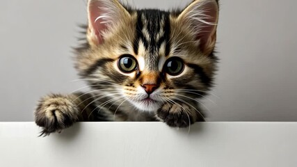 A small, furry kitten peeks over a ledge, showcasing its playful demeanor and bright, inquisitive expression