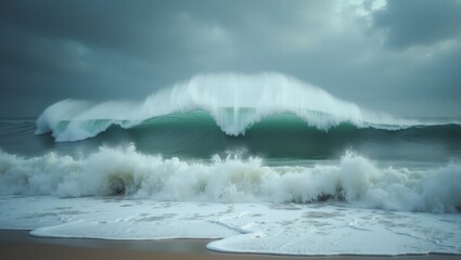 Powerful wave crashing on shore under cloudy sky  