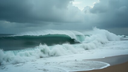 Ocean waves crashing on shore under cloudy sky  