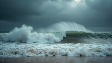 Ocean waves crashing under dark stormy sky at the beach  