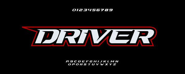 Fototapeta premium Speed Driver Font Logo Alphabet Vector Racing Letters Modern Typography, Dynamic Typographic Design Title Text, Typo Race Poster Headline, Type Symbol Logotype, Sans Serif Fonts. Vector Typeface.