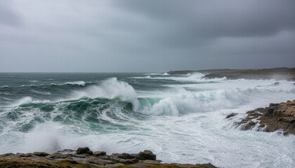 Stormy ocean waves crashing against rocky shore under gray sky