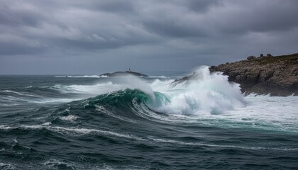 Dramatic ocean waves crashing against rocky coastline under cloudy sky