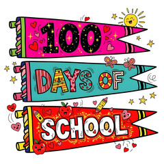 Fototapeta premium Colorful vintage banner celebrating one hundred days of school with stars and sun isolated on transparent background