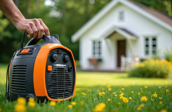 Hand carries portable electric generator on grassy lawn near house. Person starts device for power supply. Summer scene, outdoor, backyard use. Backup energy.