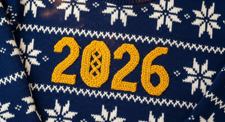 Close-up of a knitted sweater with white snowflake pattern and yellow number 2026, representative of winter holiday or New Year celebrations